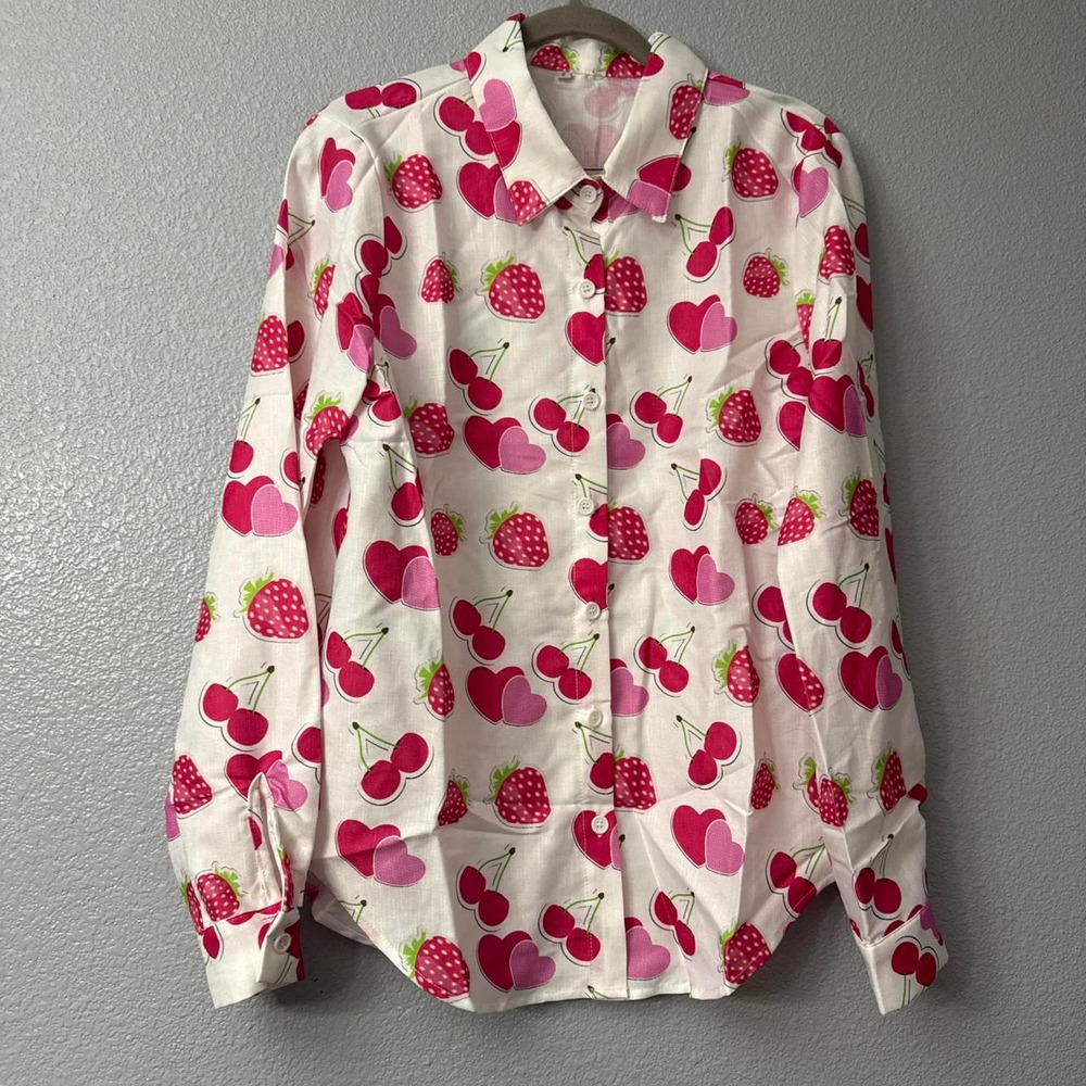 Women's Cherry and Strawberry Print Button Up Blouse